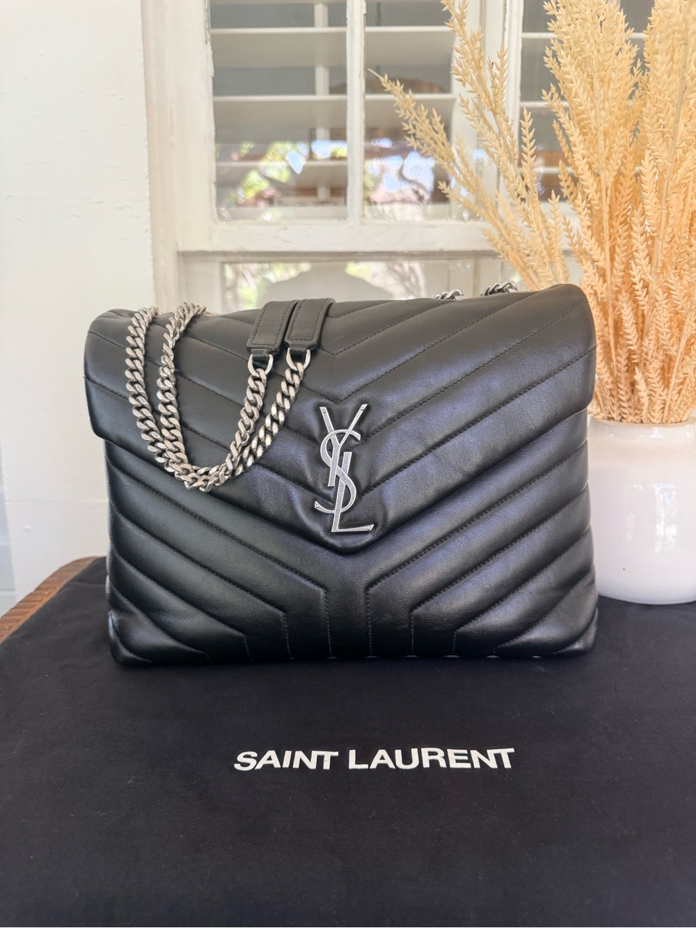 *AUTHENTIC*  Saint Laurent Black Chevron Quilted YSL Chain Shoulder Bag